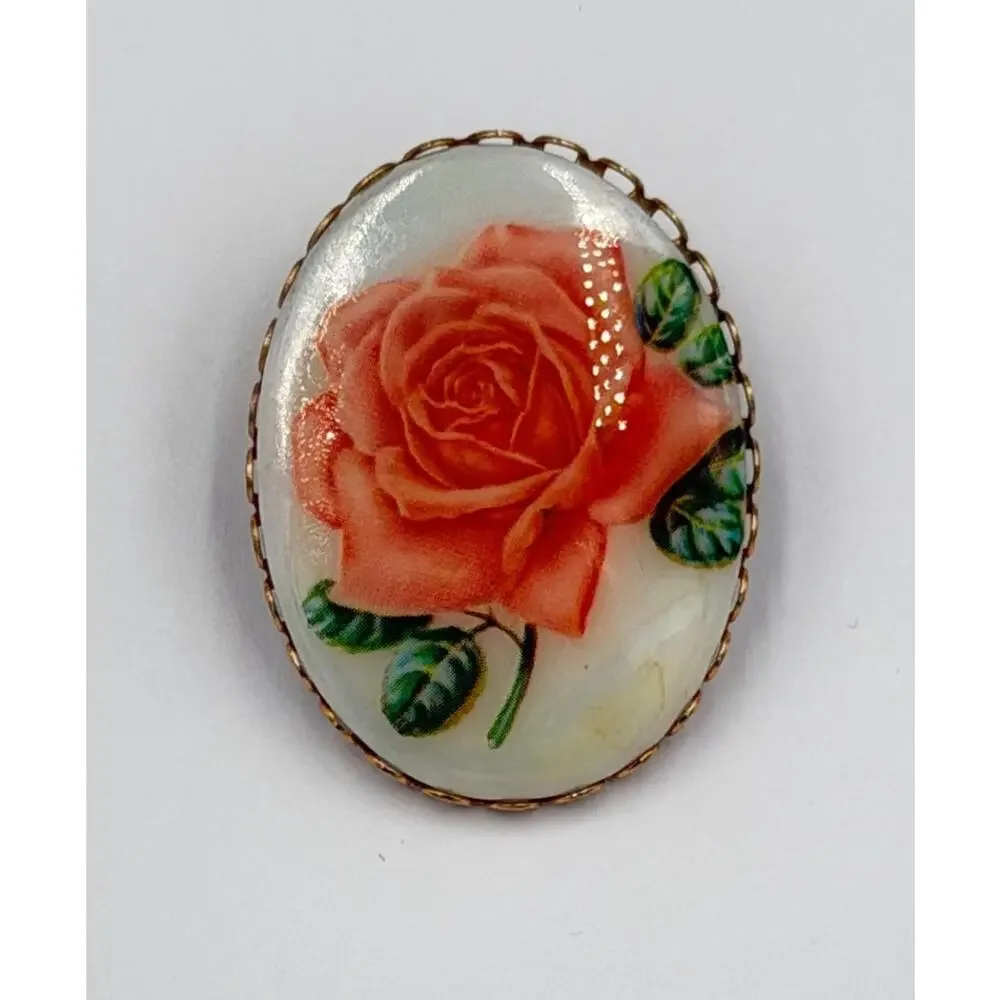 Vintage Victorian Milk Glass Hand Painted Oval Rose Brooch Filigree Frame